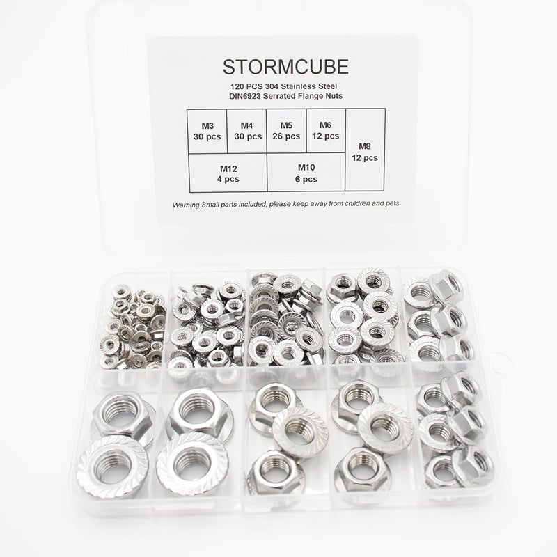 STORMCUBE 120 pcs DIN6923 Serrated Flange Nuts M3 M4 M5 M6 M8 M10 M12 Assortment Kit 304 Stainless Steel Hex Lock Nuts Full Thread for Industrial Construction Fasteners - Image 1